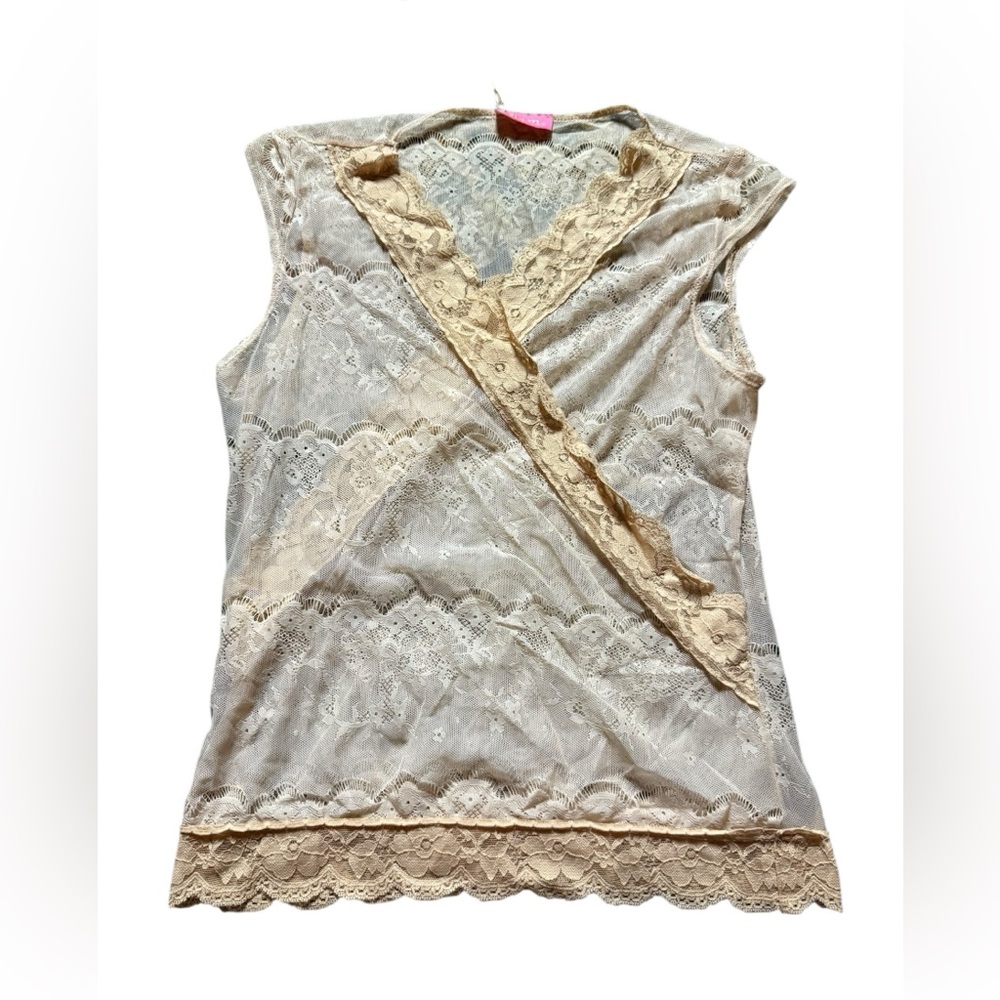 Y2K Cream Lace Sleeveless Wrap-Style Top